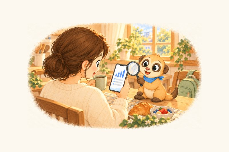 월요일 아침 식탁에서 커피를 들고 폰의 주간 리포트 그래프를 읽는 엄마 옆에서 미어캣 마스코트가 돋보기를 대는 그림
