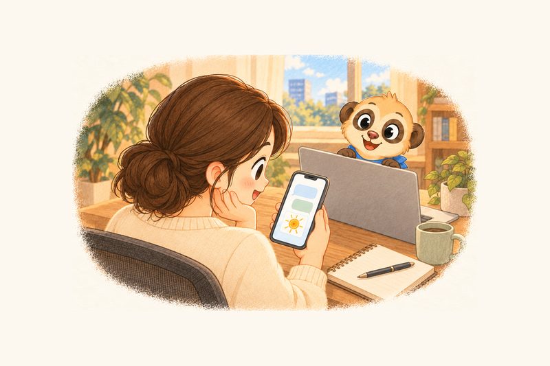 회사 책상에서 가족 대화방 말풍선과 아이 그림 사진을 보고 웃는 엄마, 노트북 뒤에서 내다보는 미어캣 마스코트 그림