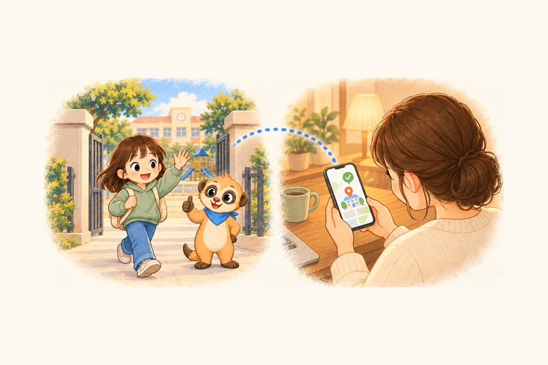 학교 정문으로 들어서는 아이와, 폰에서 학교 위치에 도착 표시를 확인하는 엄마를 점선이 잇는 그림