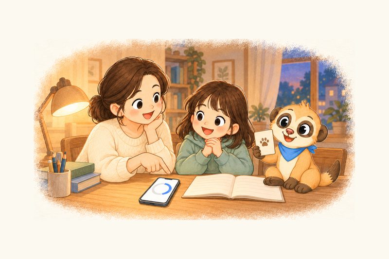 저녁 책상에서 엄마와 아이가 폰의 시간 다이얼을 보며 앱 시간을 함께 정하는 그림