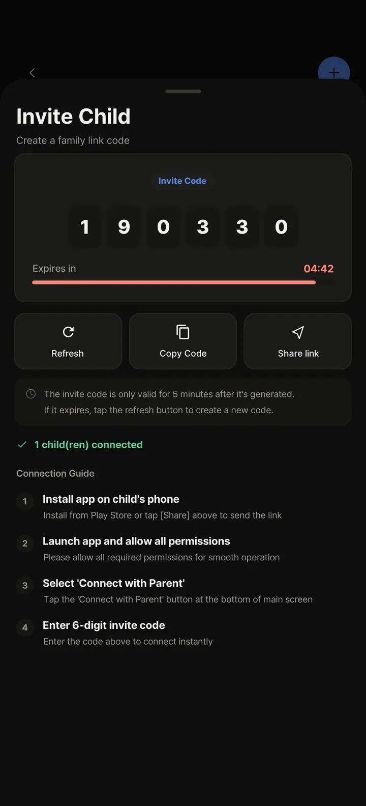 Invite Child screen on the parent's phone: a 6-digit invite code, time until it expires, and Copy Code and Share link buttons
