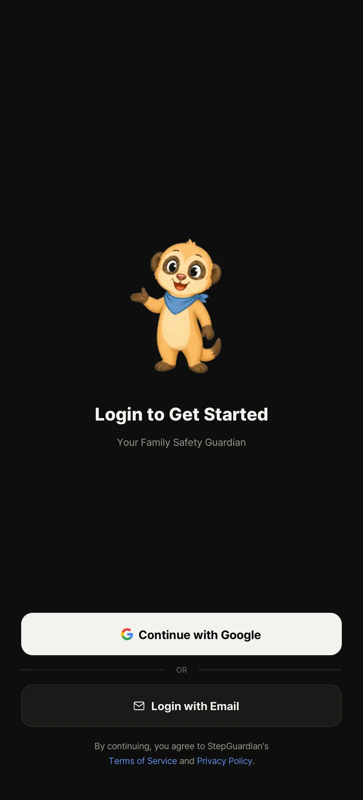 Parent's phone sign-in screen — Continue with Google, Login with Email