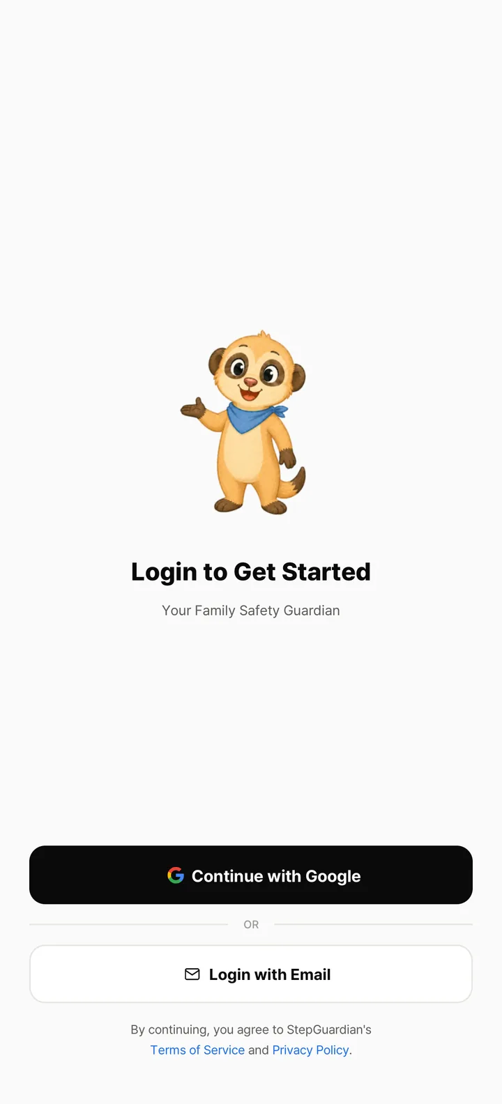 Parent's phone sign-in screen — Continue with Google, Login with Email
